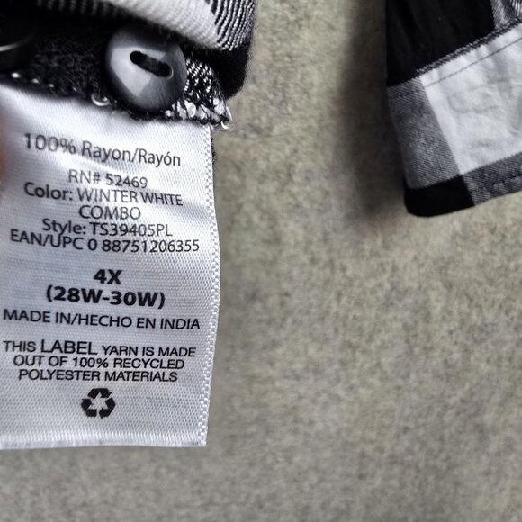 Terra & Sky Womens Button-Down Plaid Shirt Black & White Size 4X 100% Rayon - Picture 5 of 7